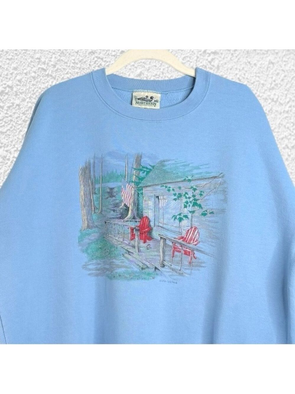 90s Cabin Sweatshirt by Northern Reflections Cabin Scenery Light Blue Size XL - Picture 3 of 11
